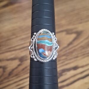 Ring Rainbow Calsilica Multicolor Natural Stone Ring Sterling Silver Size 7.5